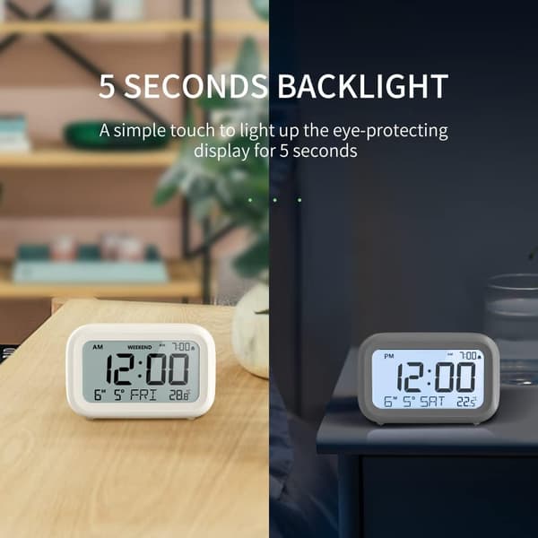 Vækkeur med LCD-display, justerbar lydstyrke, snooze, hvid