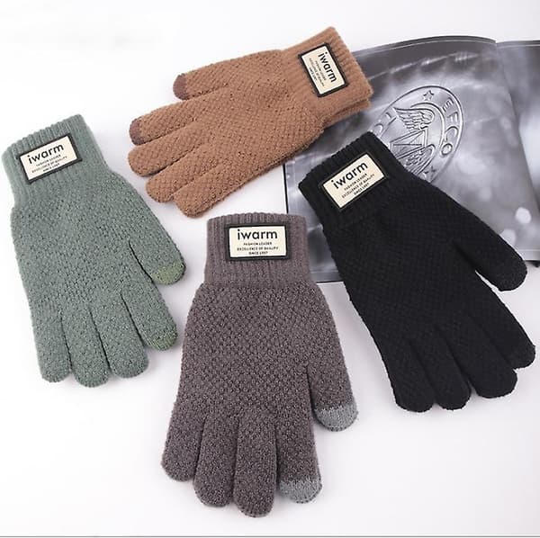Mænd Termiske Strikkede Hel Finger Handsker Vinter Varme Kolde Vanter Touchscreen Gave Brown