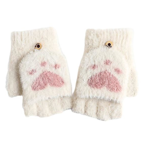 Kvinners vintervarme berøringsskjermhansker Cute Cat Claw Sensory Finger Less Mitten White