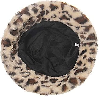 Dame leopardprint i imiteret pels fiskerhat med pompom