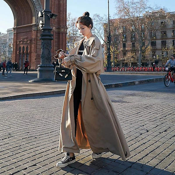 Trenchcoat för kvinnor Lös oversize lång jacka Dubbelknäppt bälte Dammantel Grå vindjacka Khaki M