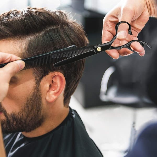 8-delt hårklippesæt, Professionel salon rustfrit stål udtyndingssaks, sort