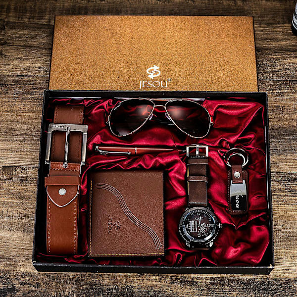 Herrklocka bälte set glasögon bälte plånbok nyckelring stor urtavla kvarts Brown surface brown belt