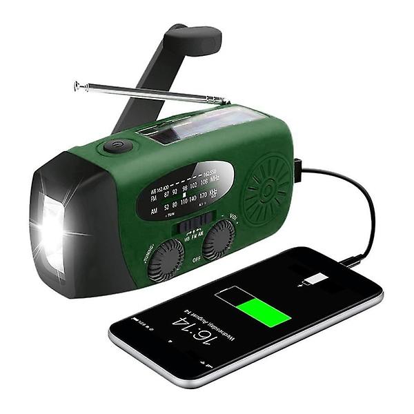 Vevradio med solceller / ficklampa - 2000mah Powerbank - Grön