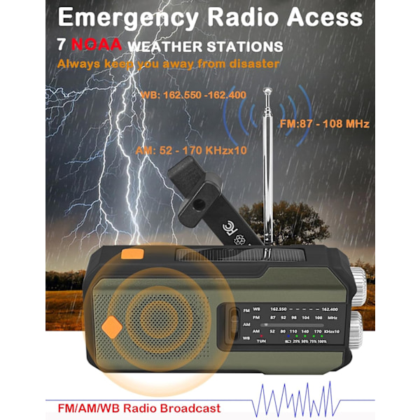 Nødradio med håndsveiv og 3 LED-lommelykter, egnet for innendørs og utendørs camping, Army Green