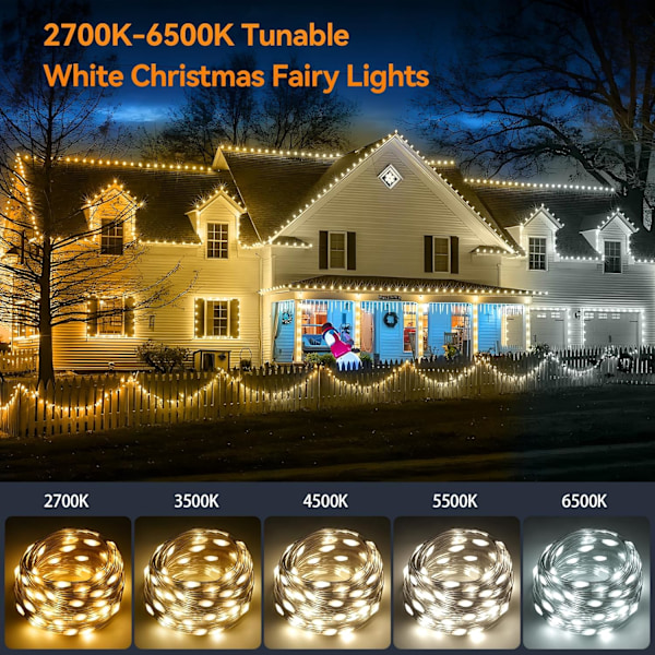 Fairy Lights med Stik til Udendørs Brug, 30 meter 2700K-6500K Hvide Julelys IP67 Vandtæt med Fjernbetjening, 8 Tilstande, Varm-Kold Hvid LED Fairy