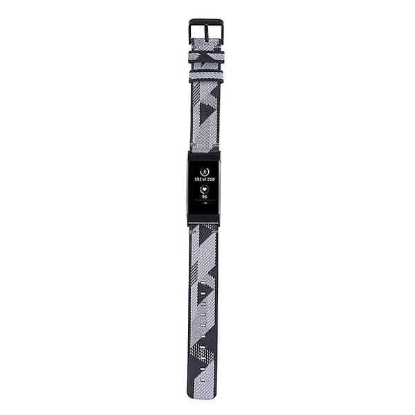For Fitbit Charge 4 / Charge 3 Se rustfritt stål hode korn Nylon denim erstatningsrem klokkerem Gray Stripe