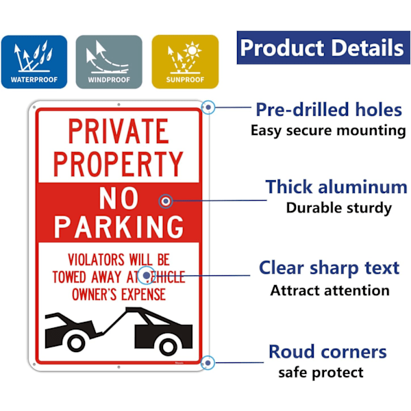 Privat Eiendom Ingen Parkering Skilt - Metall, 35x25cm, 2-pakning