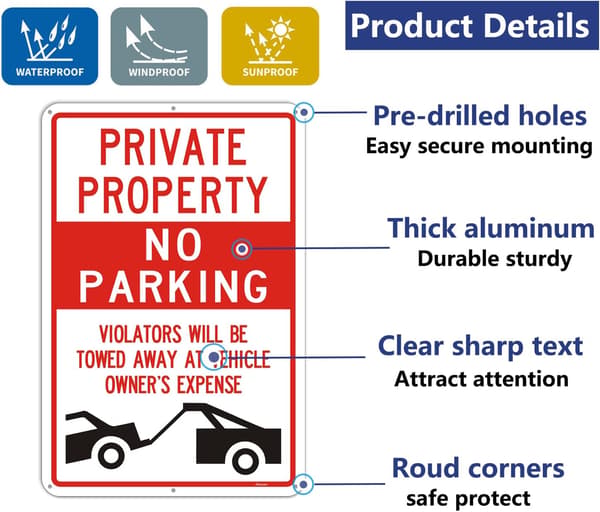 Privat Ejendom Ingen Parkering Skilte - Metal, 35x25cm, 2 Pak