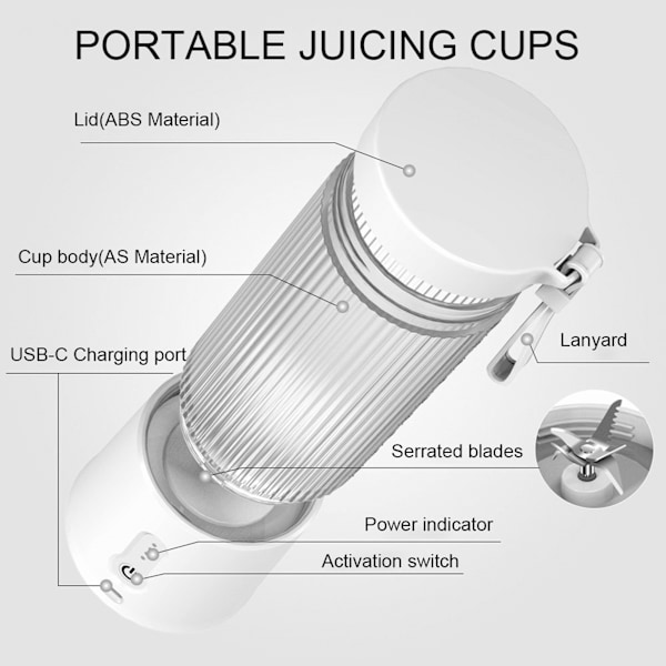 Bærbar blender til shakes og smoothies med 6 knive hvid