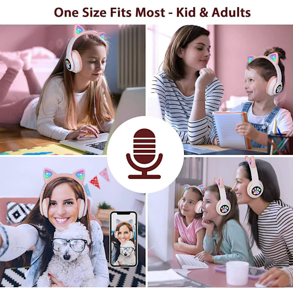 Auscultadores Bluetooth True Wireless Auscultadores LED Light Up Kids Bluetooth em orelha com/Microfone rosa