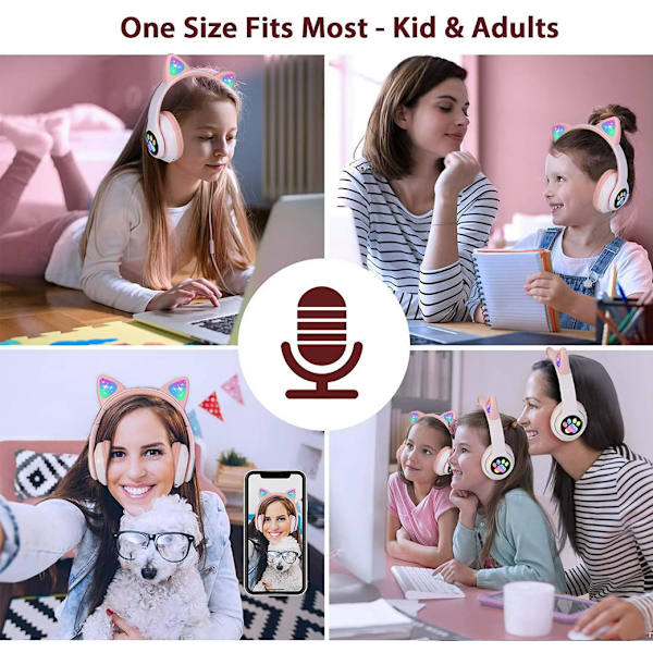 Bluetooth True Wireless Auscultadores LED Light Up Kids Bluetooth em orelha com/Microfone rosa