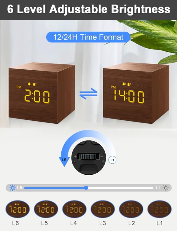 Herätyskello digitaalinen puinen LED-näytöllä, ruskea