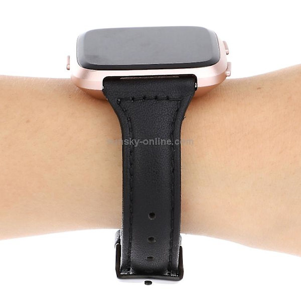 Til Fitbit Versa Crazy Horse Texture ægte læderurrem Black