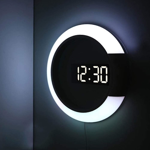 Led veggklokke, kreativ fjernkontroll, digital klokke, hult speil, temperaturalarm, 7 farger skiftende, nattlys for hjemmekontor