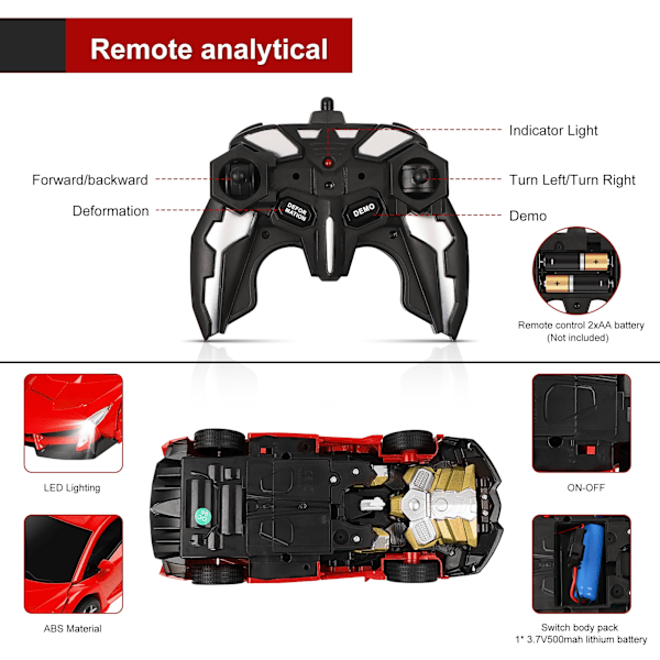 Kauko-ohjattava auto, joka muuttuu robotiksi, RC-autot lapsille 2,4 GHz 1:18 pyörivä temppuauto, punainen