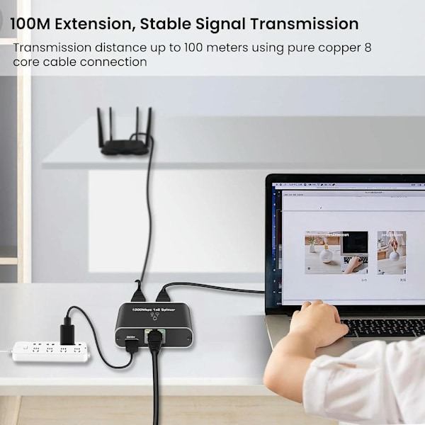 Ethernet-jakaja 1-2, 1000Mbps RJ45 -verkkokytkin 1,5 jalan Cat8-kaapelilla ja USB-virtalähteellä, tukee kahta laitetta Cat5/6/7/8