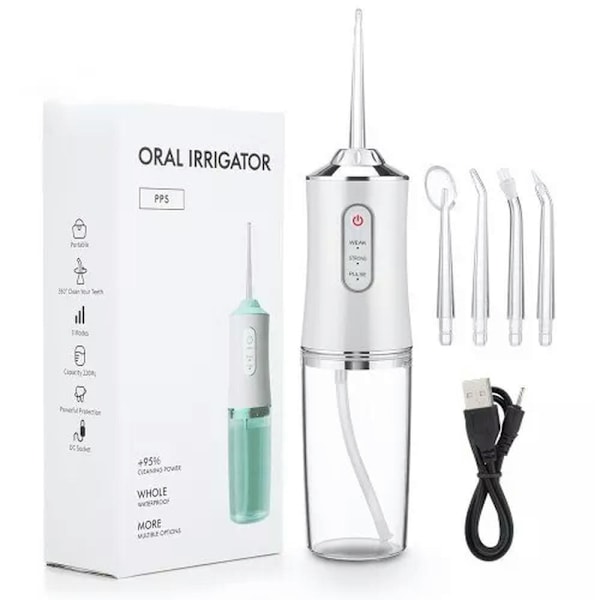 Oral Irrigator Vandtråd USB 4 Jet Tip 220Ml 3 Tilstande Hvid