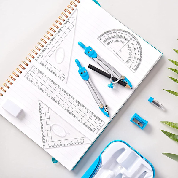 10 delar geometri matte tillbehör kit inklusive passare, gradskiva, linjal, suddgummi, penna, blyertsrefill, pennvässare, förvaringslåda för ritning och mätning