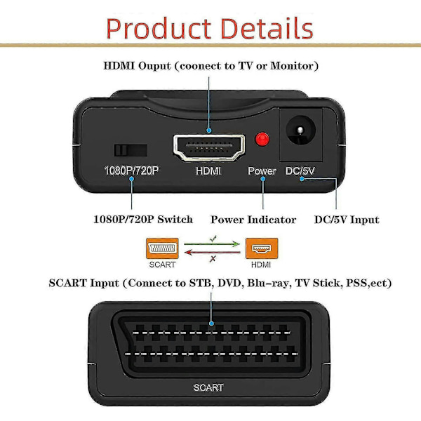 Scart til HDMI-omformer Scart til HDMI-adapter Scart til HDMI-lydvideo Støtte Hd 720