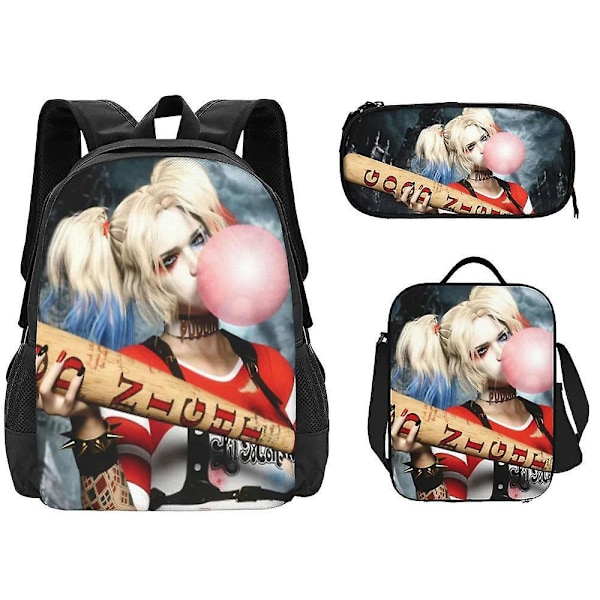 Klovni-tyttö Harley Quinn -koululaukku, oppilaskoulureppu kolmiosainen setti, reppu aterialaukku kynäkotelo-3 Backpack 7