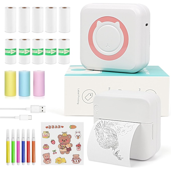 Mini Bärbar Bluetooth Fickprinter för iPhone med 13 Rullar Papper för Anteckningar, Foton, Klistermärken, Etiketter, Kvitton Rosa