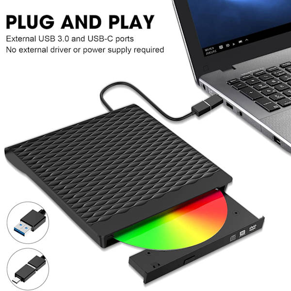 Extern DVD-enhet, USB 3.0 bärbar CD/DVD +/-RW-enhet/DVD-spelare för bärbar dator med Windows 10/11