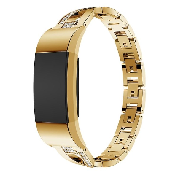 X-formad watch i massivt rostfritt stål med diamanter för Fitbit Charge 2 Gold