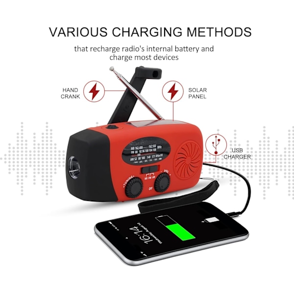 Nödhandvevradio med solpanel, LED-ficklampa med 2000mAh mobil strömförsörjning Röd