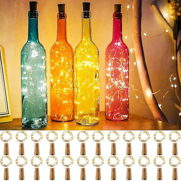 24 stk. LED-flaskeguirlande, 2m 20 varmt hvide LED-flaskelys, korkstrengslys til bryllup