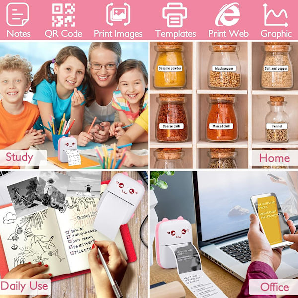 Mini Bærbar Printer, Trådløs Bluetooth Termisk Lommeprinter til iOS og Android Pink
