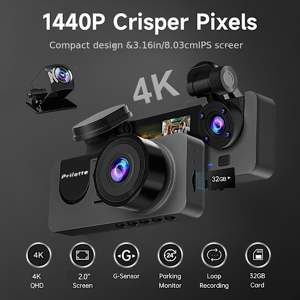 Autokamera 4K 1080P Full HD Auton Ajotallennin 3-Kanavainen Autokamera Infrapuna Yönäöllä