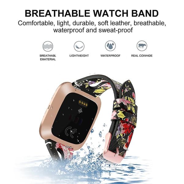 Til Fitbit Versa 2 læder urrem i midten Black Pink Flower