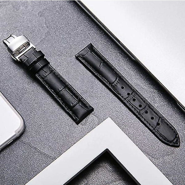 Nahkaiset watch , alligaattorin vaihtohihna miehille, naisille hopeisella perhossolkilla Black 21mm