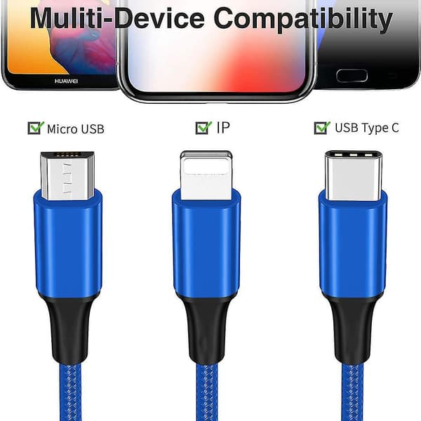 1,2 m multiopladerkabel 3a, 3-i-1 USB-opladerledning med telefon/type C