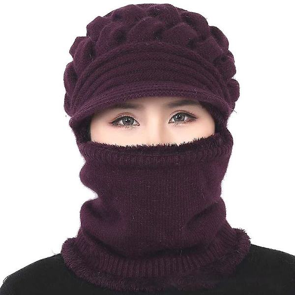 Dame Beanie Hat Vinter Hatte Halstørklæde Maske Midaldrende Gamle Varm Øreværn Cap Mom Gift Wine red