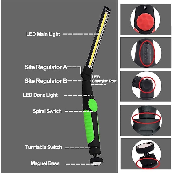 Oppladbar LED arbeidslampe med magnet og USB, sammenleggbar 360 graders rotasjon, oppladbar LED inspeksjonslampe, inspeksjonslampe for hjem, verksted, utendørs