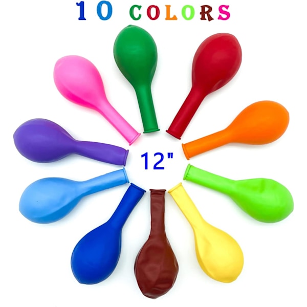 100 stk ballonger blandede farger (Inneholder 10 farger - 10 per farge),