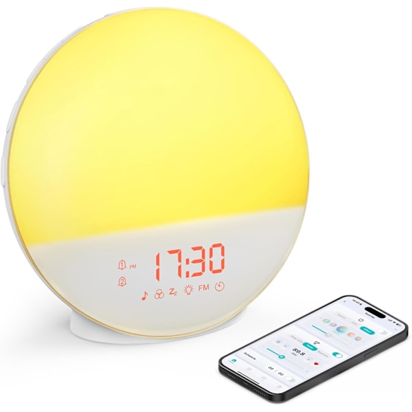Smart Sunrise Väckarklocka Väckningslampa för Tunga Sovare, Soluppgångs-/Solnedgångssimulering, Fyrdubbla Alarm & Naturliga Ljud, Anpassningsbar Sömn