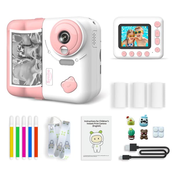 Barnkamera med Direktutskrift 1080P Termisk digital kamera, rosa