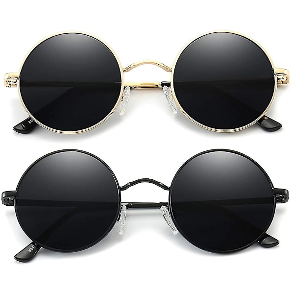 Vintage Pyöreä John Lennon Polarisoidut aurinkolasit Miesten Naisten Circle Hippie Aurinkolasit 2 Pack (Black- Gold)