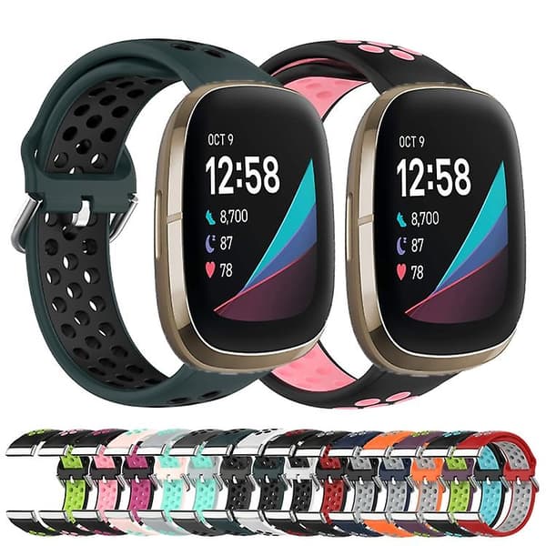 Til Fitbit Sense tofarvet perforeret åndbart silikoneurbånd Black-Red