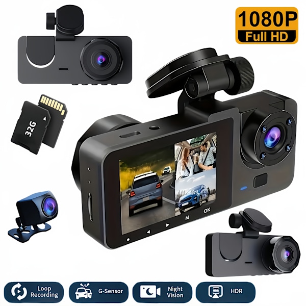 Camrea Bilkamera Optager 1080P HD 3-Kanals Dash Cam Front Bag Og Indvendigt Bilkamera Med Nattesyn