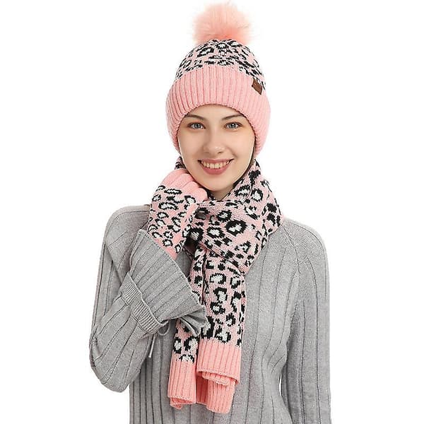 Winter Warm Knit Beanie Hat Scarf Set Touchscreen hansker for kvinner Pink