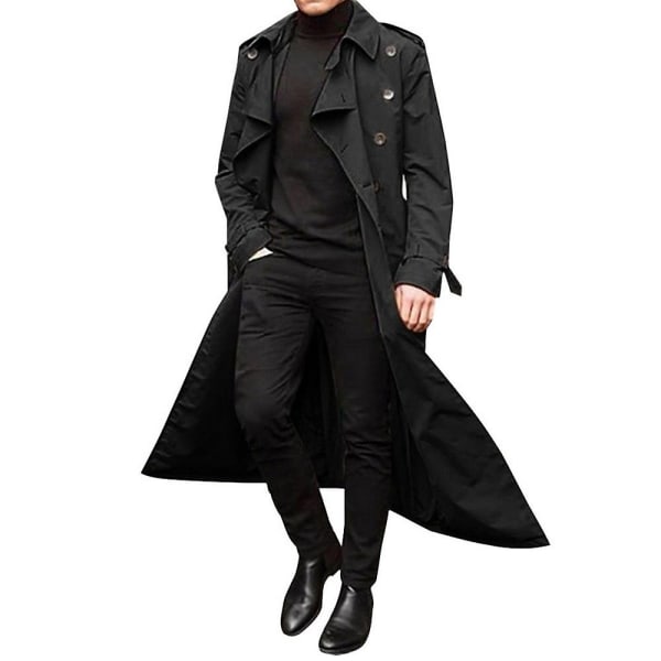 Mænd Trench Coat Dobbeltradet Lapel Windbreaker Mand Lang Jakke Overtøj Black M