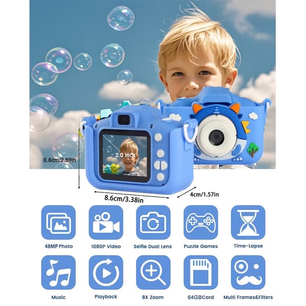 Digitalkamera 1080P HD Ungdomskamera Dubbel Kamera 64G Blå