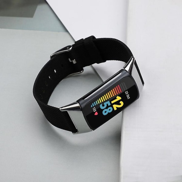 For Fitbit Charge 5 Nylon Canvas Watch Band Black