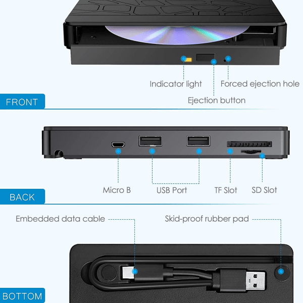 Extern CD DVD-enhet för bärbar dator, 5-i-1 USB 3.0 Type-C CD DVD ROM +/-RW Burner Writer Reader