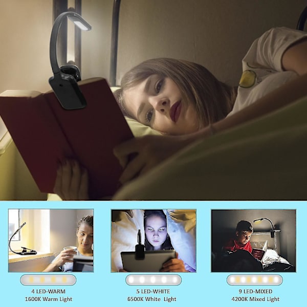 Kirjanvalo, ladattava lukulamppu, 9 LED-kirjanvalo lukemiseen sängyssä 3 kirkkaudella, helppo lukulamppu