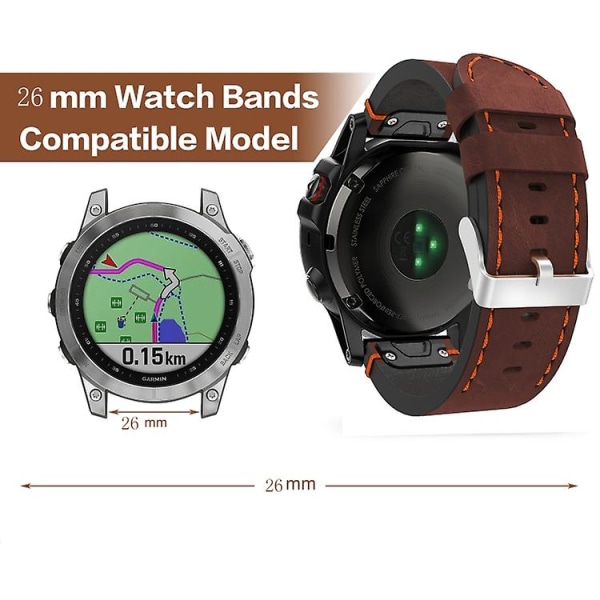 Til Garmin Fenix ​​6x Sapphire 26mm Læder Sutur Stål Spænde Urbånd Black